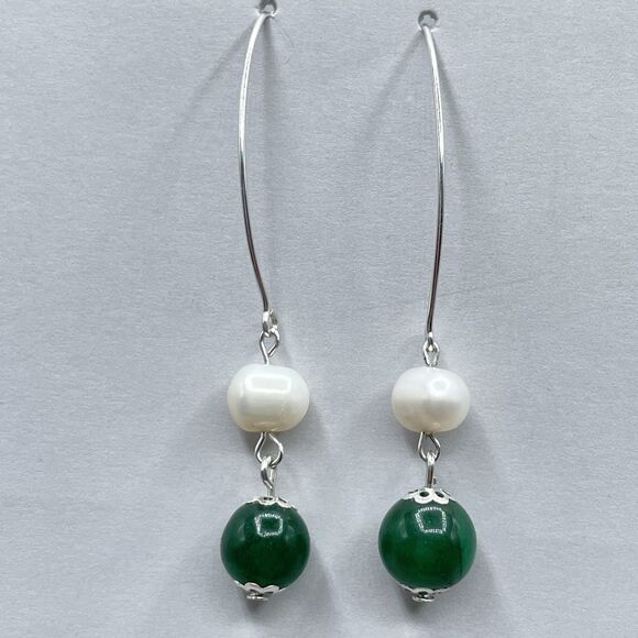 925 Sterling Silver Genuine Emerald Green Gemstone Pearl Dangle Hoop Earrings - Picture 4 of 10